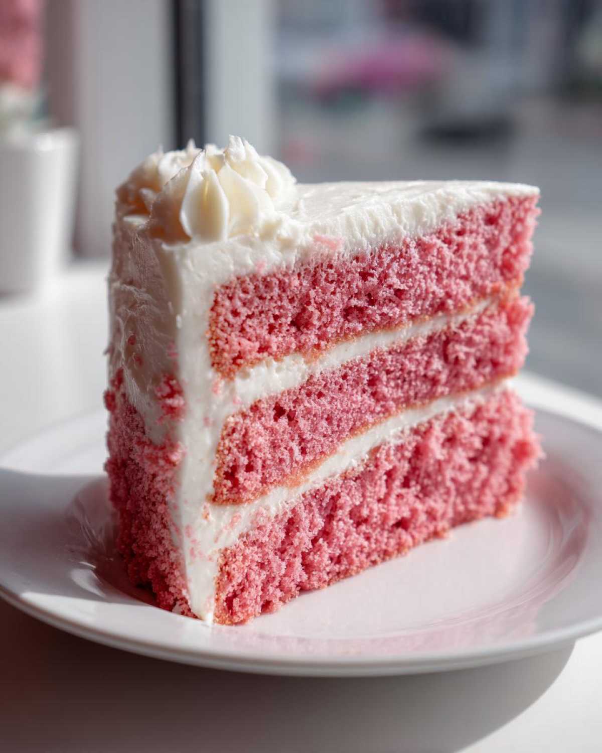 A moist slice of Cortadillo Mexican Pink Cake with three pink layers and white frosting.