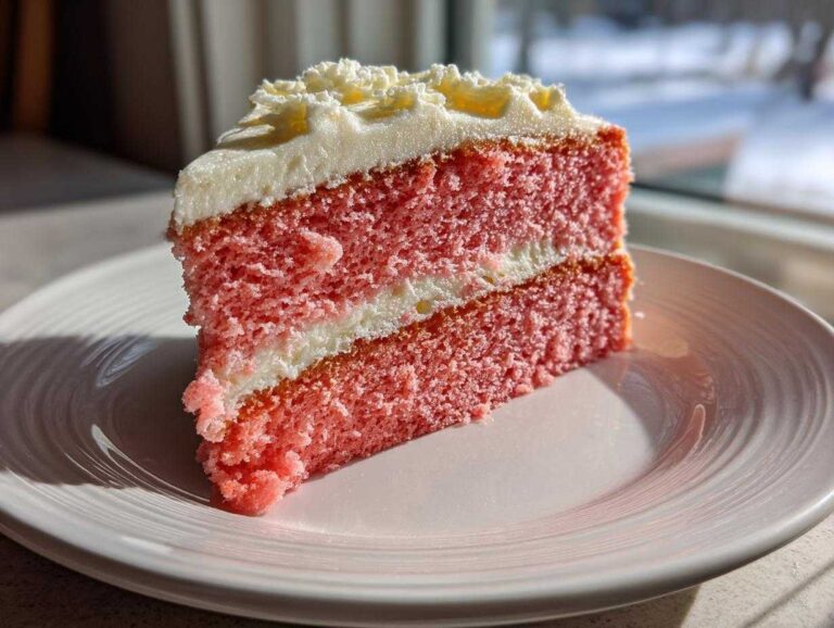 A close-up slice of moist Cortadillo Mexican Pink Cake with white frosting layers.