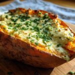 A baked sweet potato stuffed with creamy filling and melted cheese, topped with fresh chives, ready to eat.