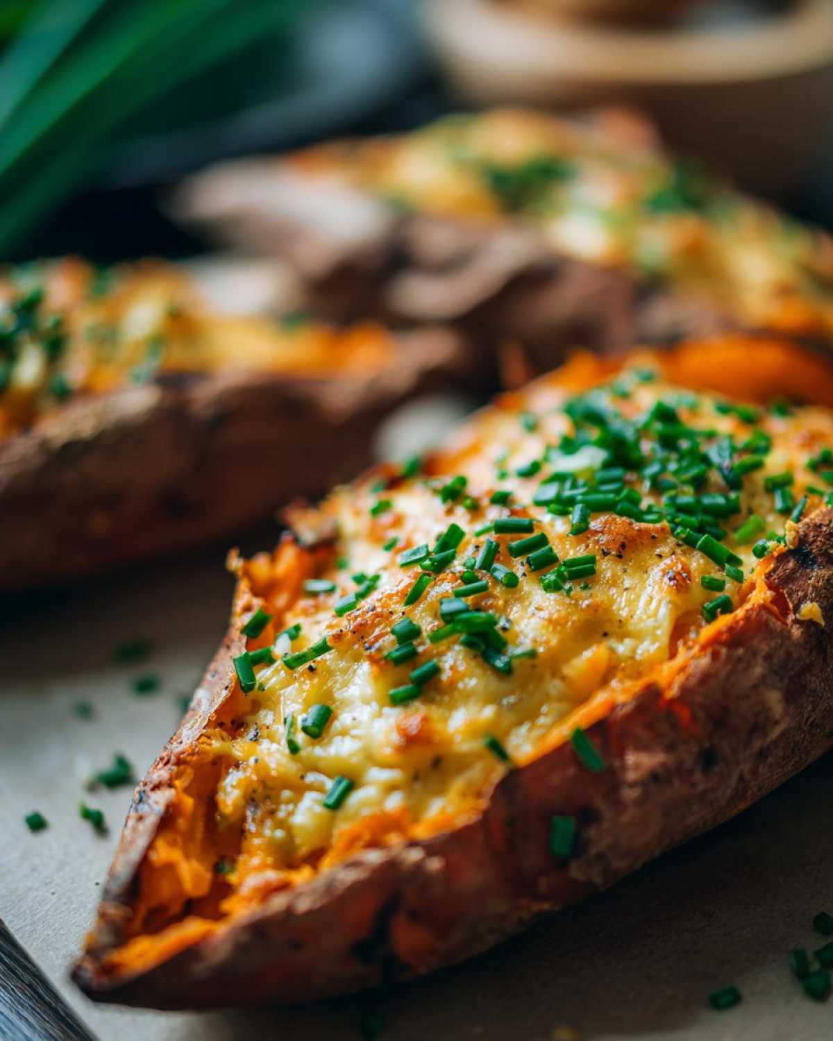 Close-up of a baked sweet potato stuffed with melted cheese and topped generously with fresh chopped chives, featuring Courtney Bale's Butterkase Stuffed Sweet Potato.