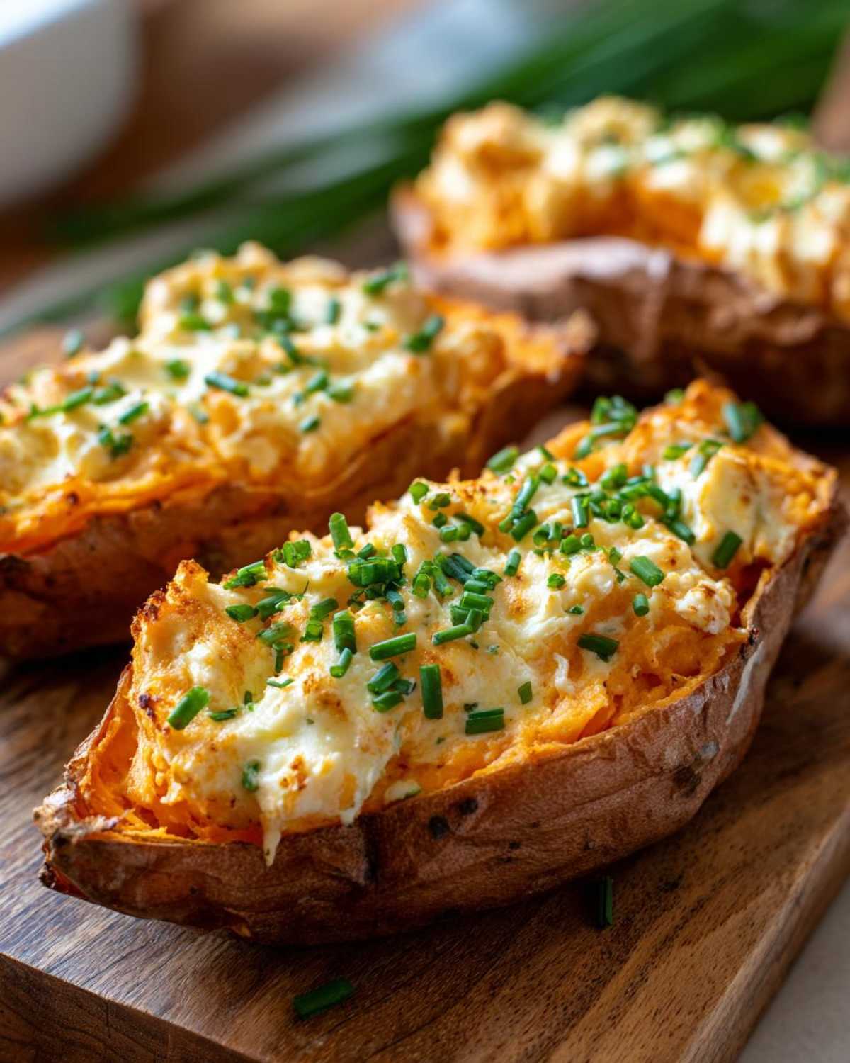 Close-up of Courtney Bale's Butterkase Stuffed Sweet Potato halves topped with creamy cheese and fresh chives.