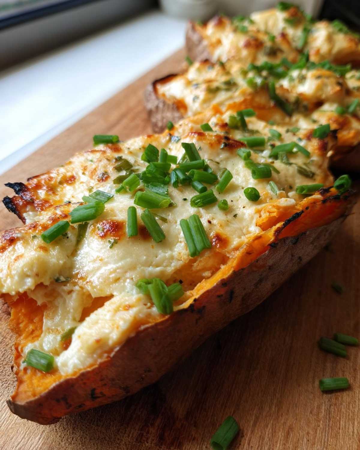Close-up of a baked sweet potato half stuffed with melted, cheesy Butterkase and topped with fresh green chives.
