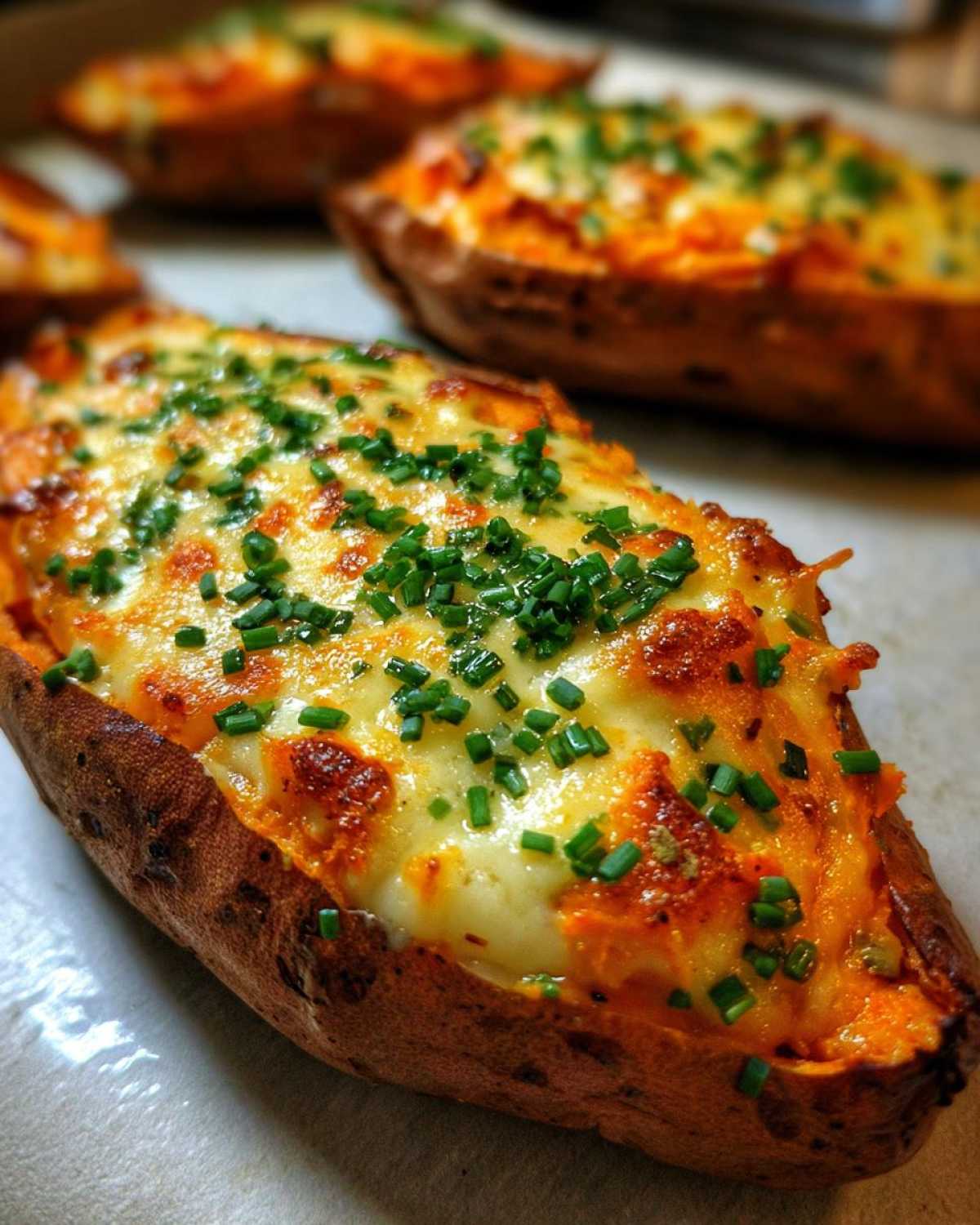 A close-up of Courtney Bale's Butterkase Stuffed Sweet Potato, topped with melted cheese and fresh chives.
