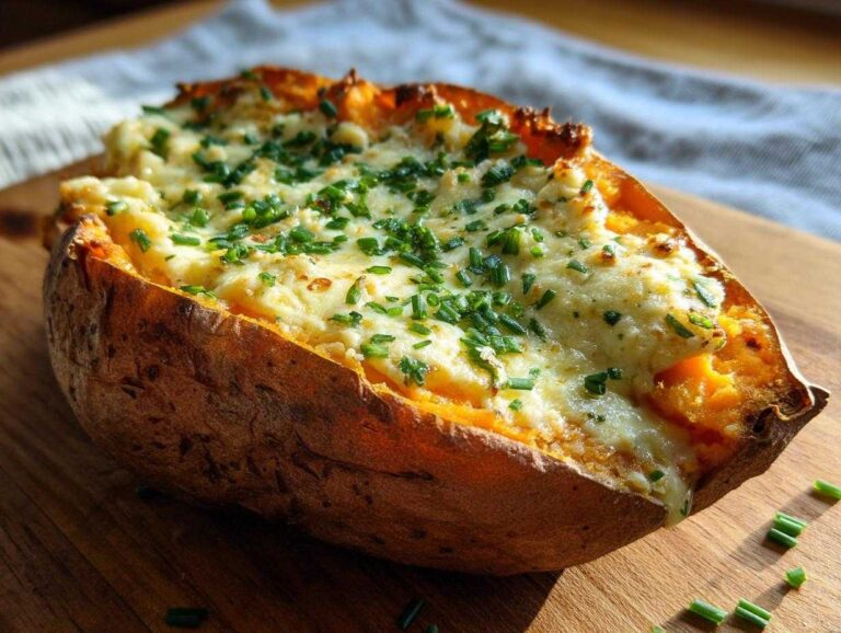 A baked sweet potato stuffed with creamy filling and melted cheese, topped with fresh chives, ready to eat.