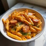 A white bowl filled with creamy Cajun pasta with smoked sausage slices and green bell peppers.
