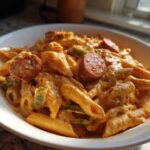 A close-up of Creamy Cajun Pasta with Smoked Sausage and green peppers coated in a rich orange sauce, served in a white bowl.