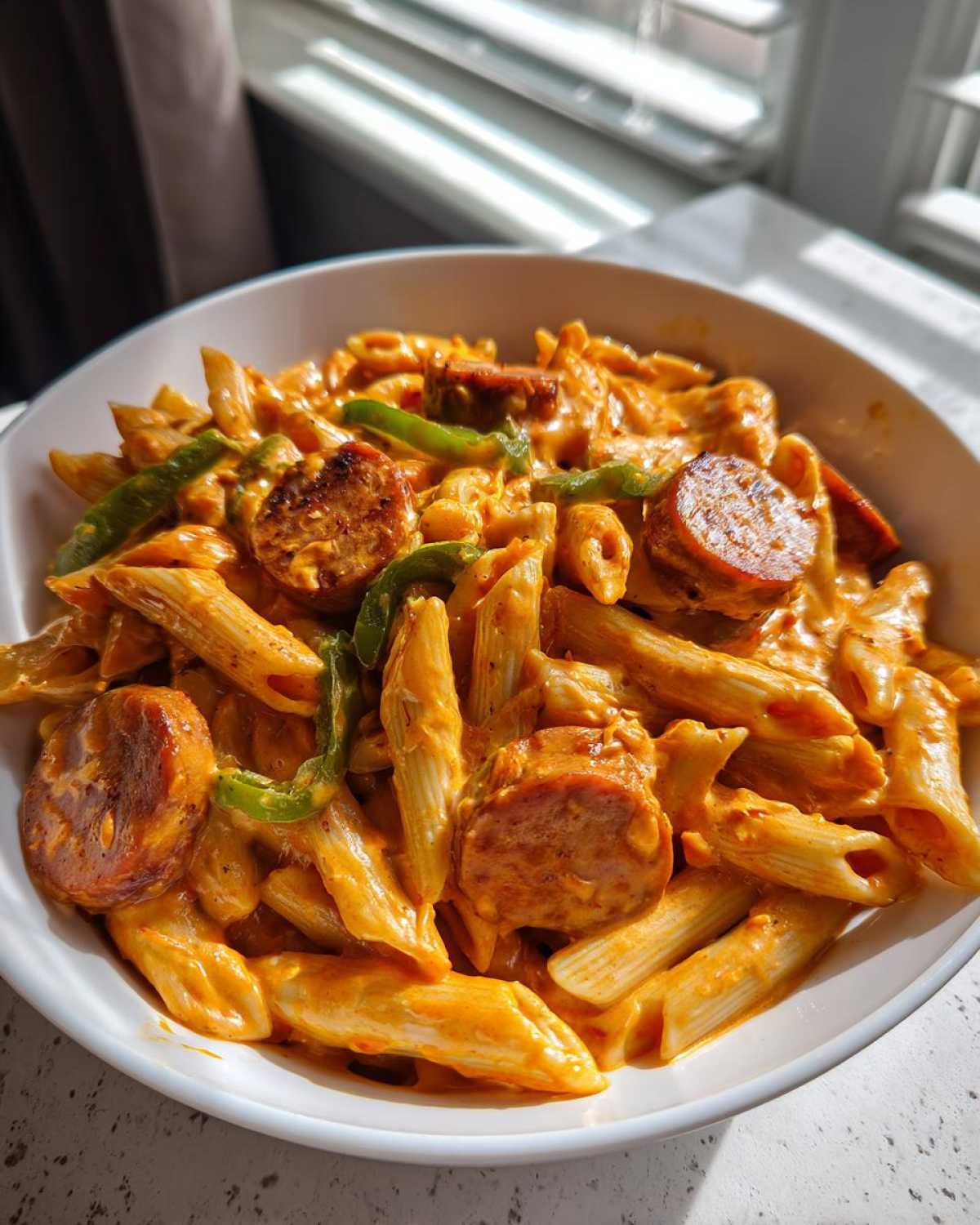 A close-up of a white bowl filled with Creamy Cajun Pasta with Smoked Sausage, penne pasta, and green peppers.