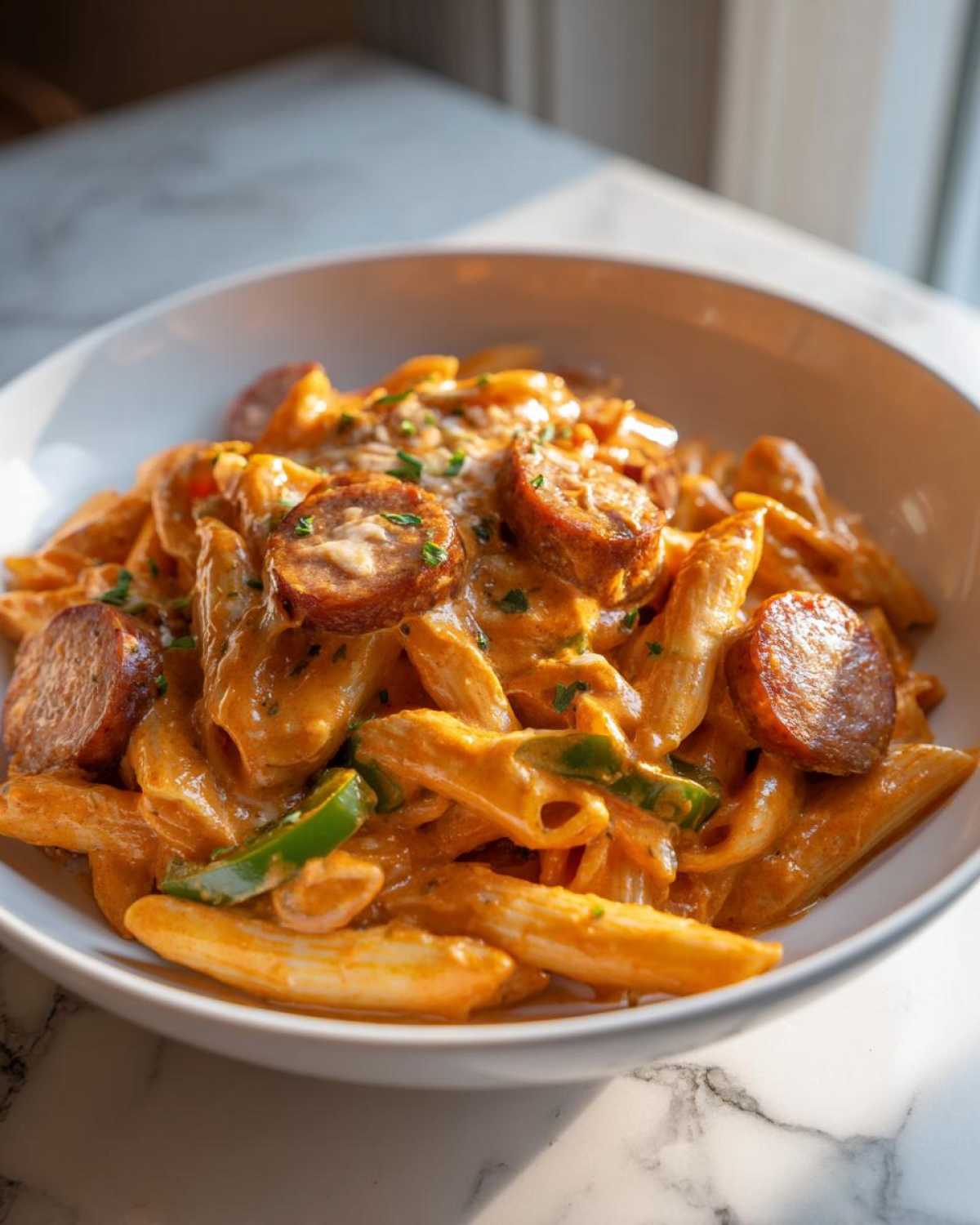 A close-up of a white bowl filled with Creamy Cajun Pasta with Smoked Sausage, penne pasta, and green peppers.