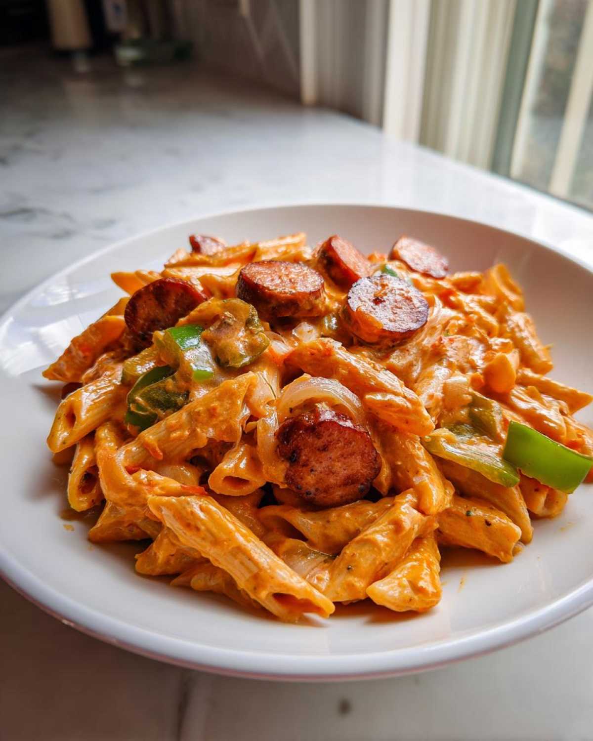A close-up of creamy Cajun pasta with penne, sliced smoked sausage, and green peppers in a white bowl.
