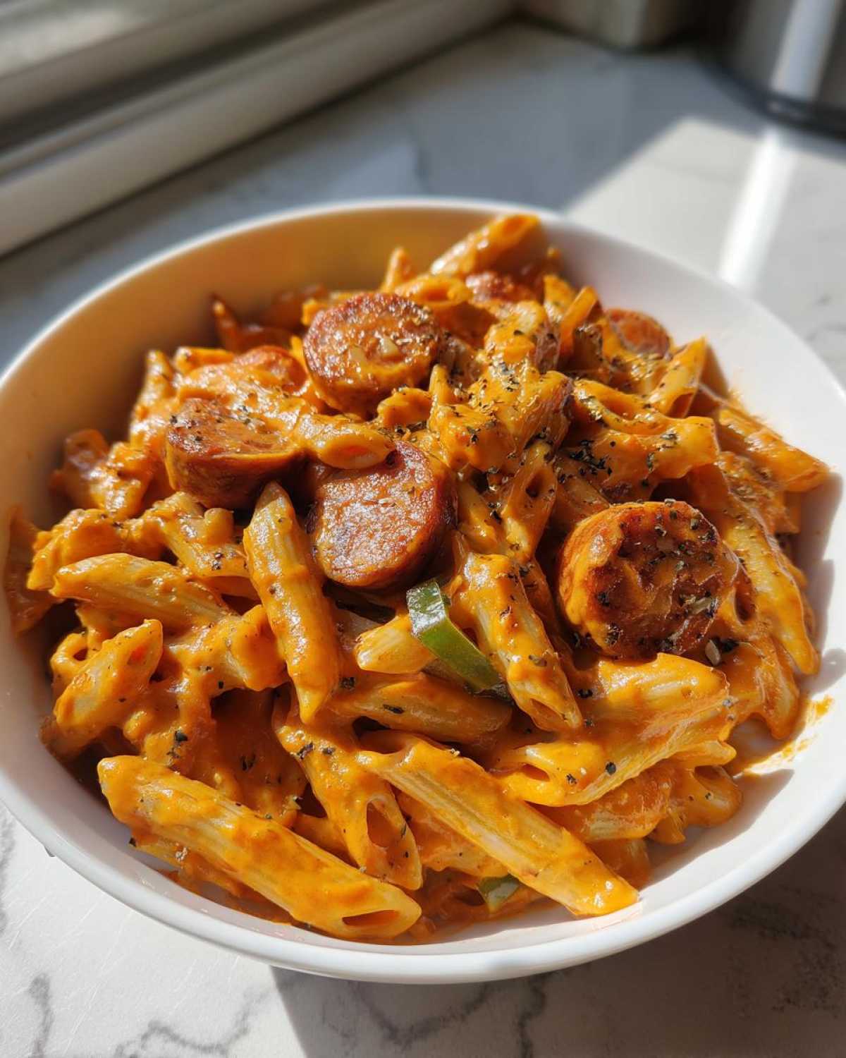 A close-up of a white bowl filled with Creamy Cajun Pasta with Smoked Sausage, coated in a rich orange sauce.