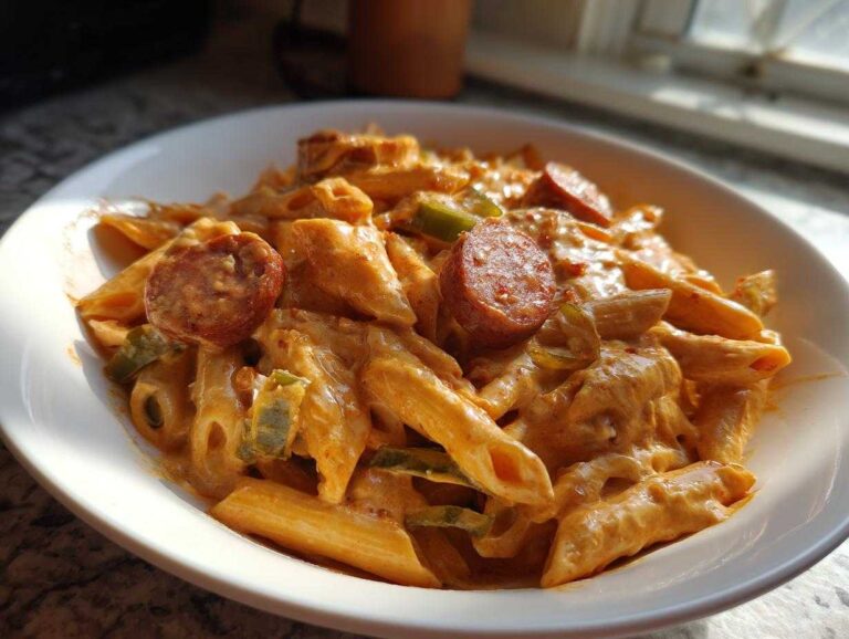 A close-up of Creamy Cajun Pasta with Smoked Sausage and green peppers coated in a rich orange sauce, served in a white bowl.