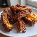 A plate featuring several pieces of Crispy Corn Ribs with Chili Lime Mayo dipping sauce on the side.