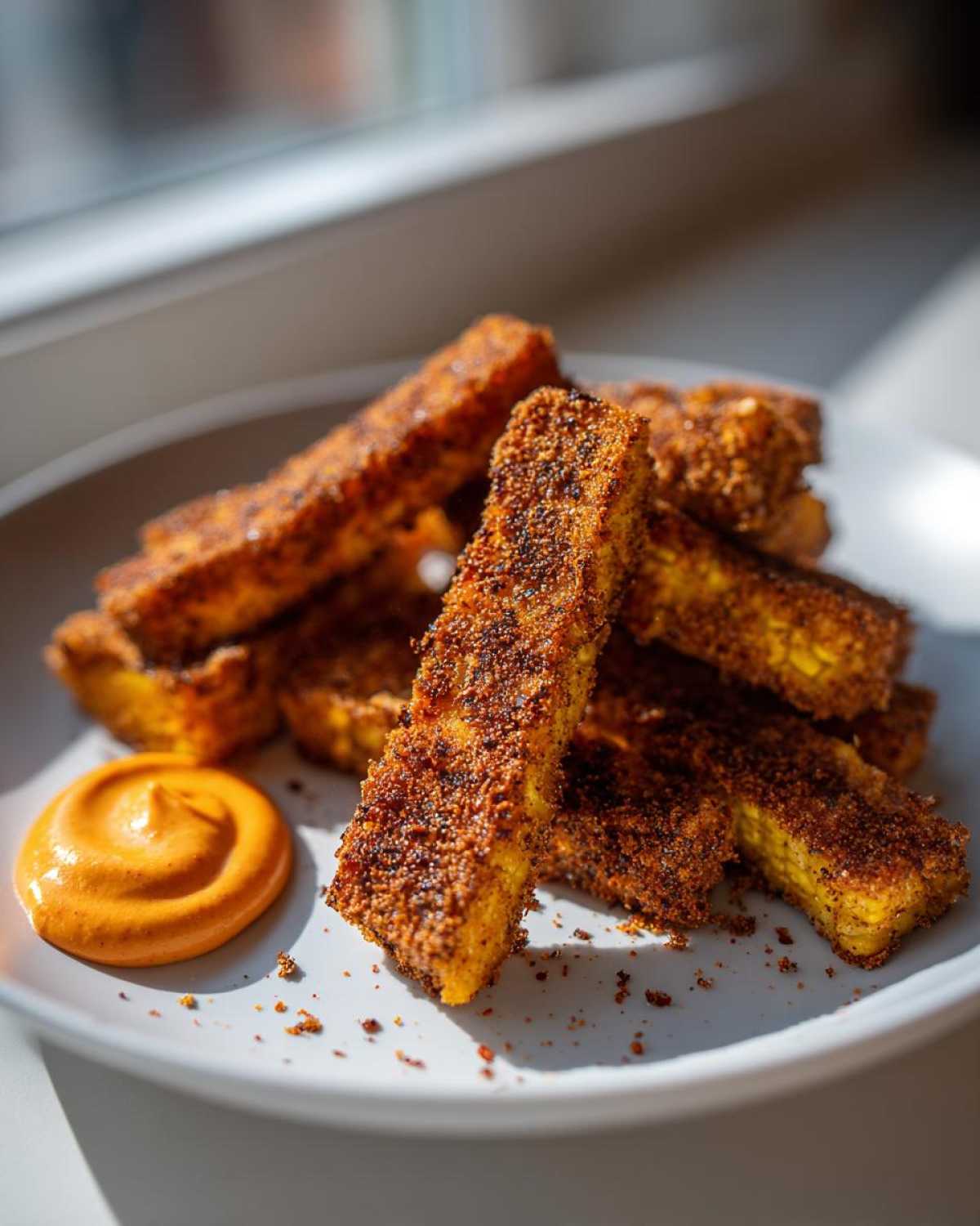 A pile of golden brown, seasoned Crispy Corn Ribs served with a swirl of orange Chili Lime Mayo on a white plate.