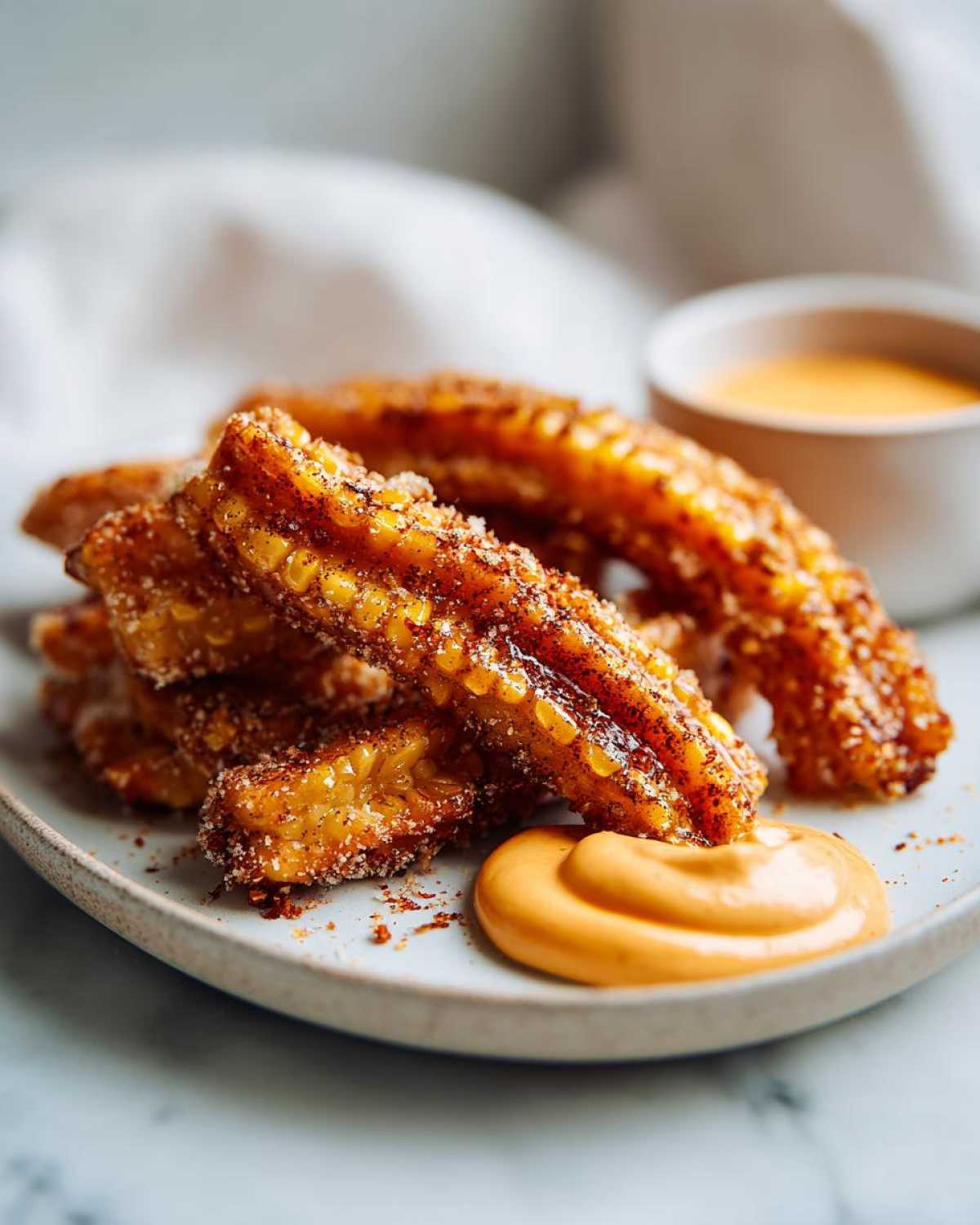 A close-up of Crispy Corn Ribs coated in seasoning, served with a swirl of Chili Lime Mayo dip.