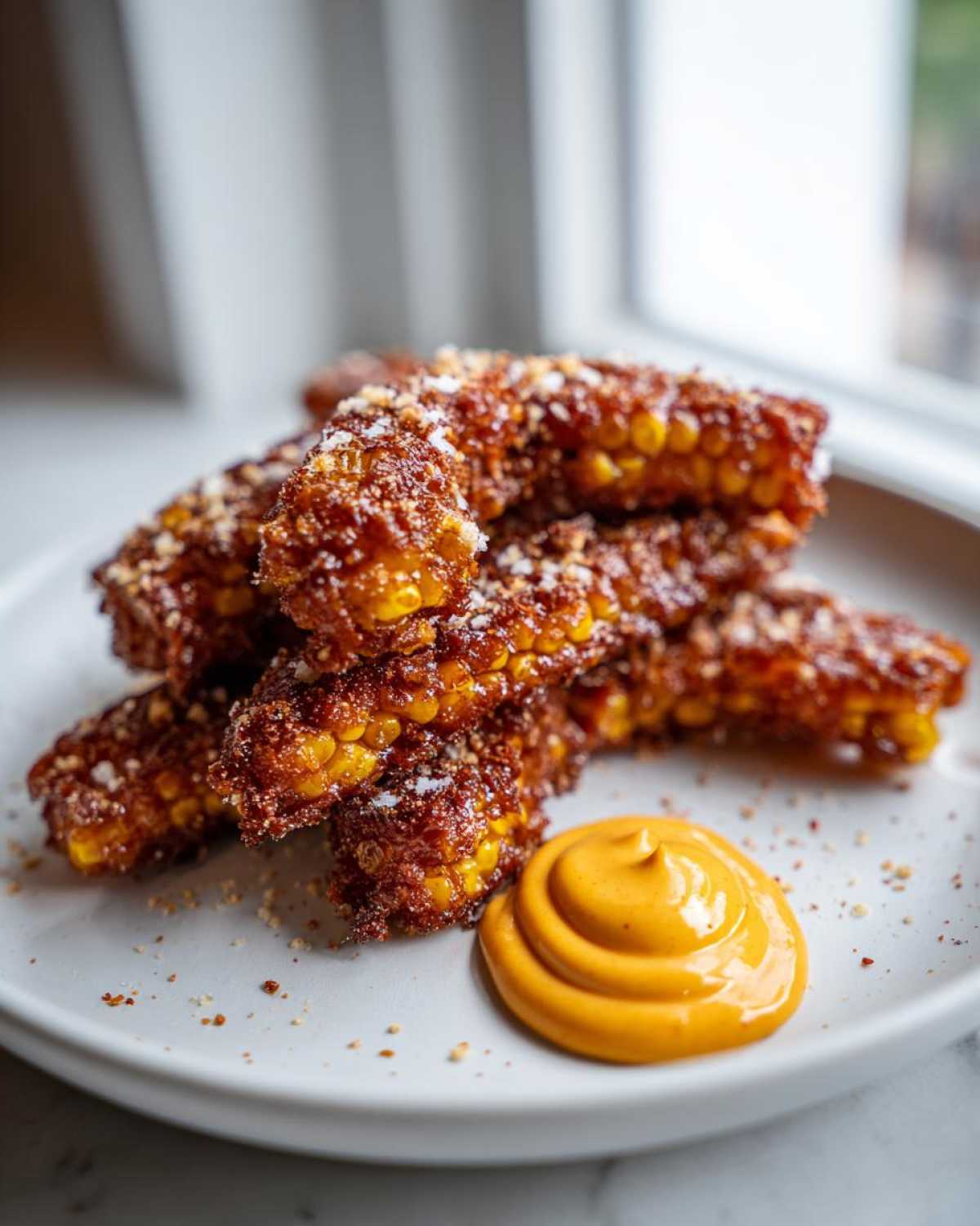 A stack of Crispy Corn Ribs sprinkled with seasoning, served next to a swirl of orange Chili Lime Mayo on a white plate.