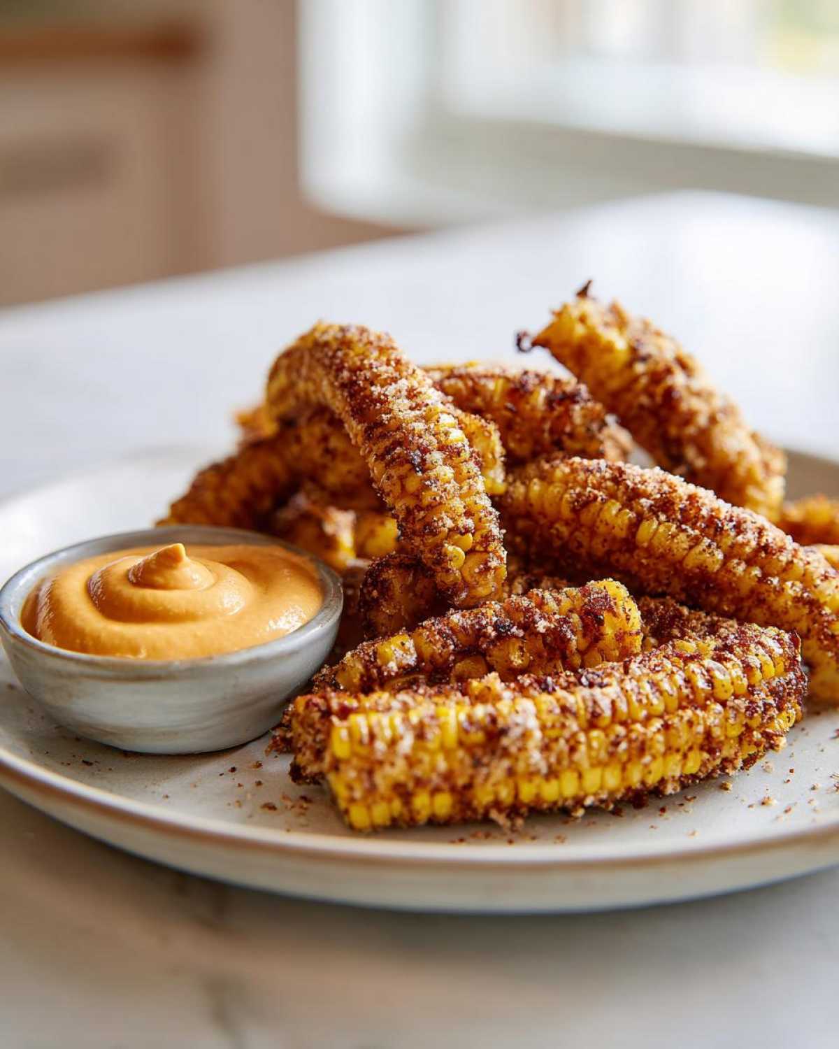 A plate of seasoned Crispy Corn Ribs served with a small bowl of orange Chili Lime Mayo.