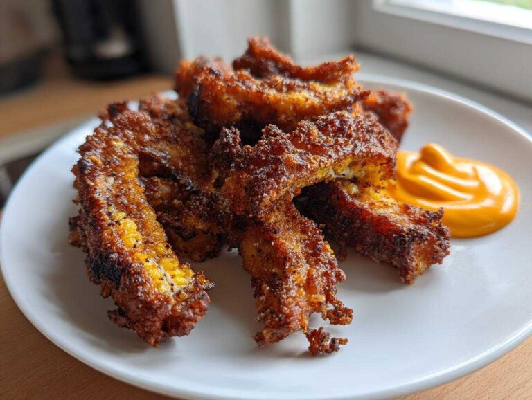 A plate featuring several pieces of Crispy Corn Ribs with Chili Lime Mayo dipping sauce on the side.