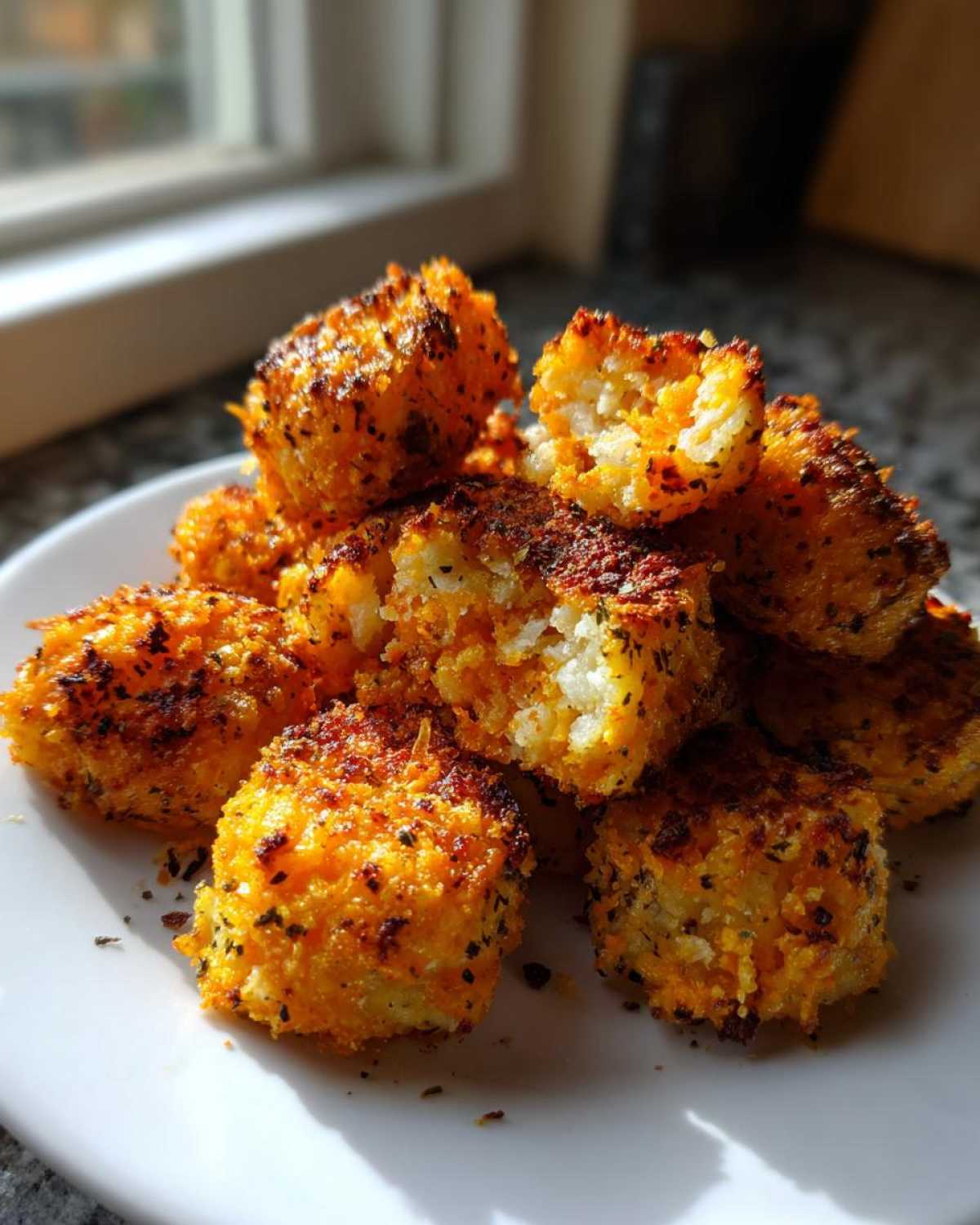 A pile of golden brown Crispy Garlic Parmesan Crusted Potatoes bites on a white plate, one is broken open.
