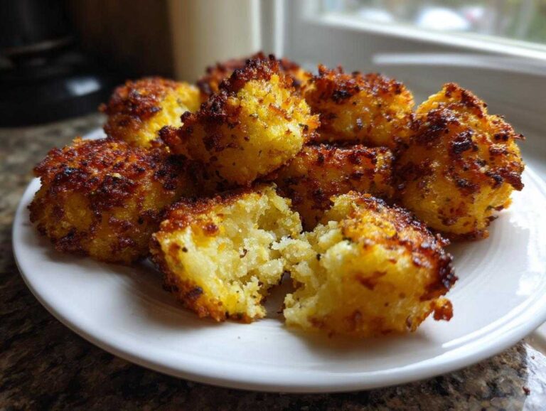 A pile of golden brown Crispy Garlic Parmesan Crusted Potatoes bites on a white plate, one is broken open.