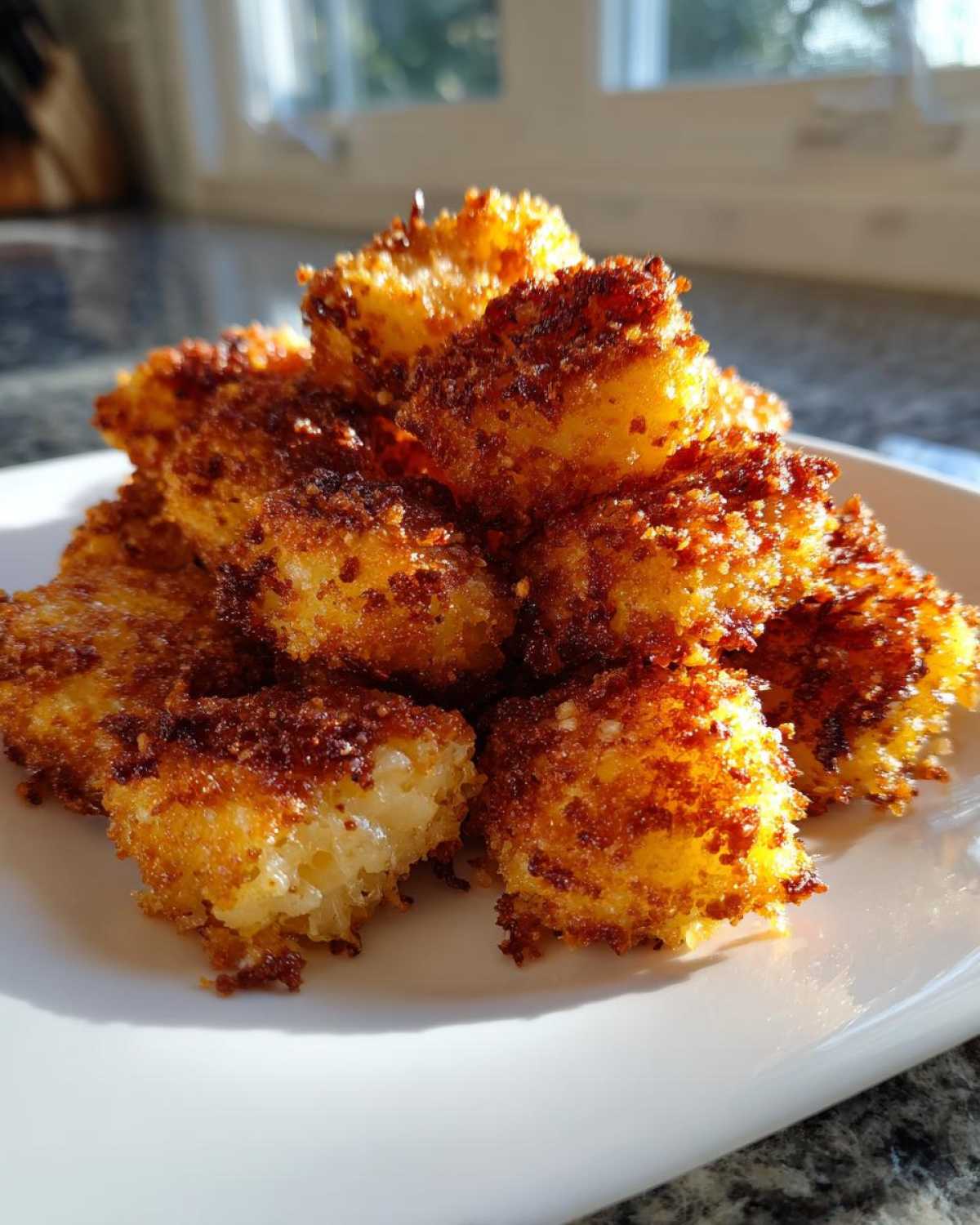 A close-up of golden brown Crispy Garlic Parmesan Crusted Potatoes piled high on a white plate.