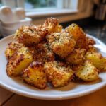 A close-up of golden brown Crispy Garlic Parmesan Crusted Potatoes piled high on a white plate.