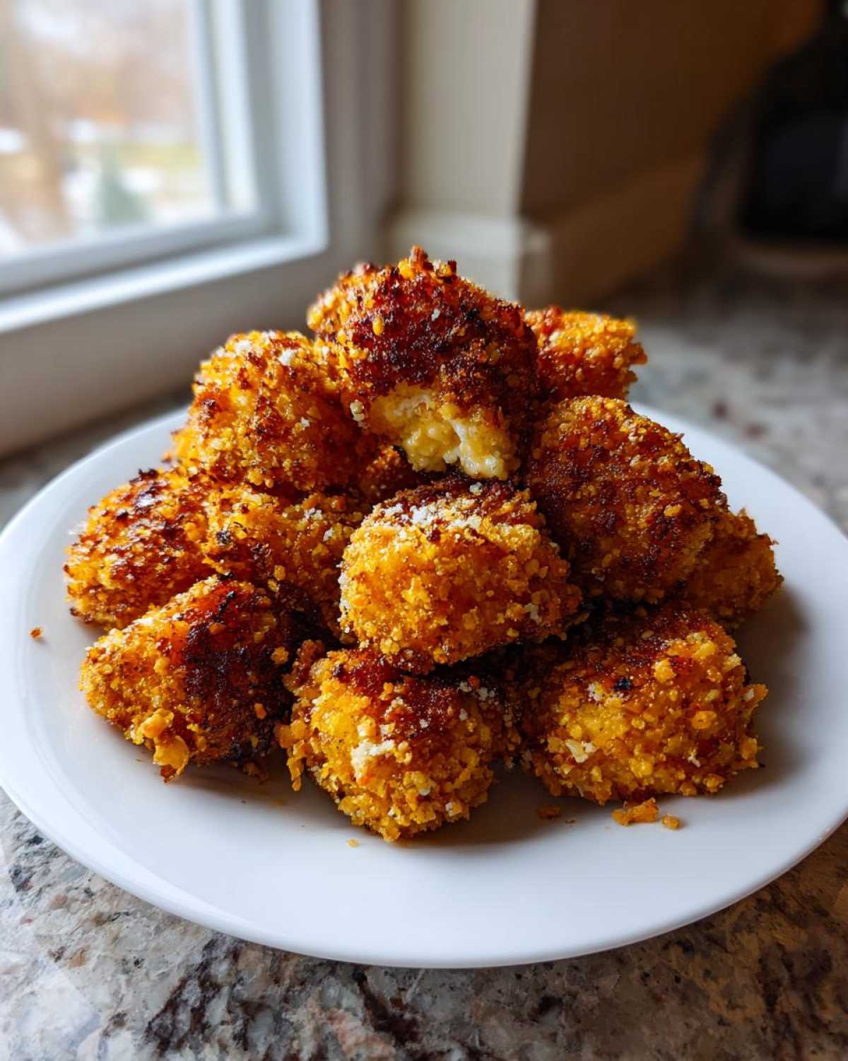 A pile of golden brown Crispy Garlic Parmesan Crusted Potatoes served on a white plate.