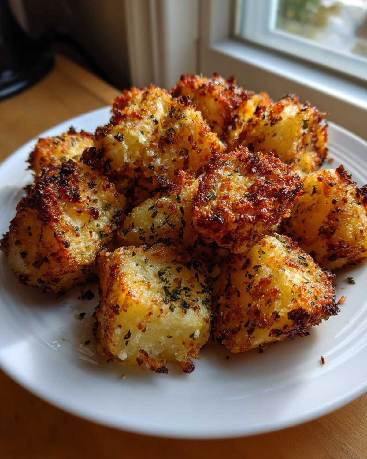 A pile of golden brown, crispy Garlic Parmesan Crusted Potatoes seasoned with herbs on a white plate.