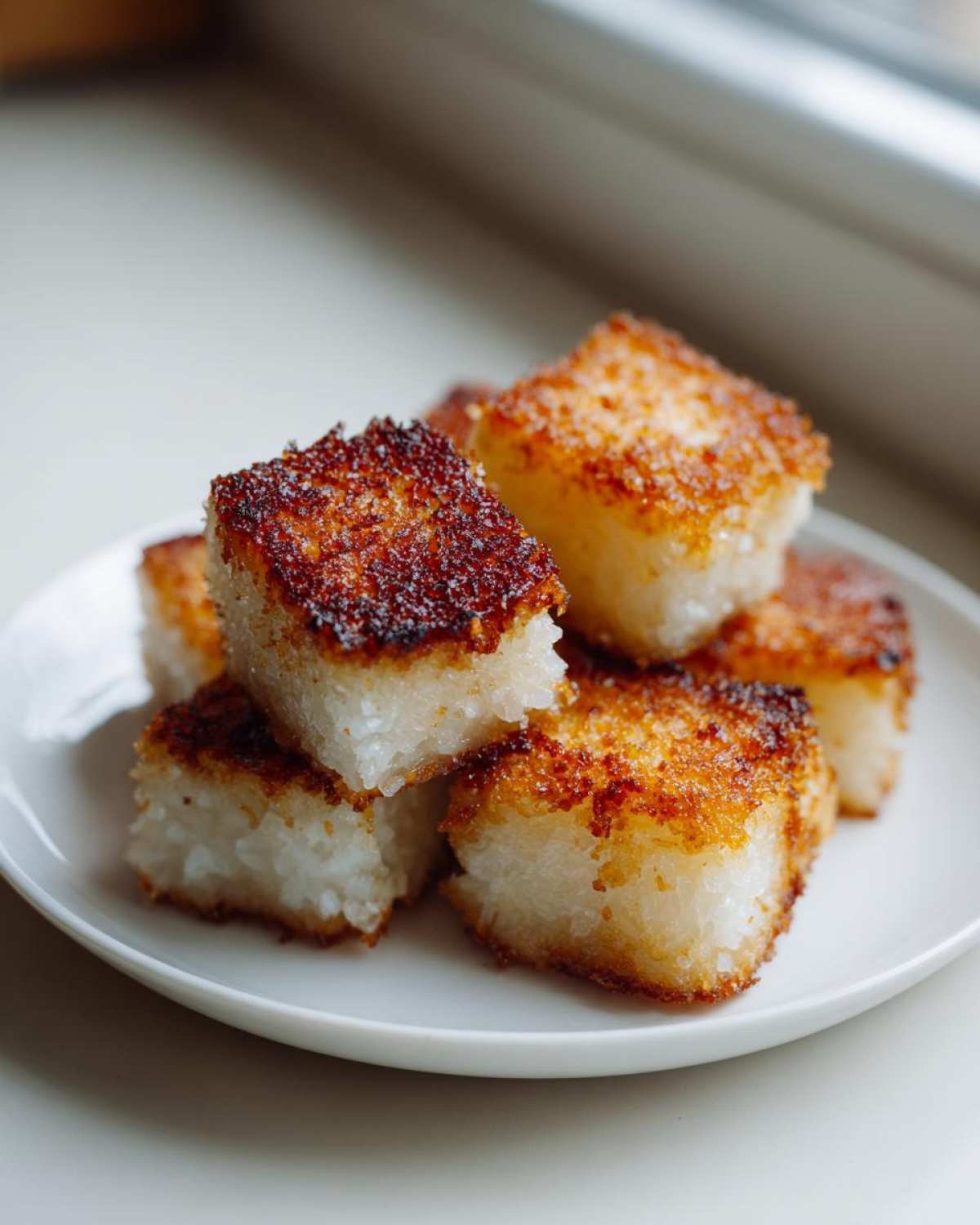 A stack of golden brown, square Crispy Shanghai Butter Mochi bites piled on a white plate near a window.