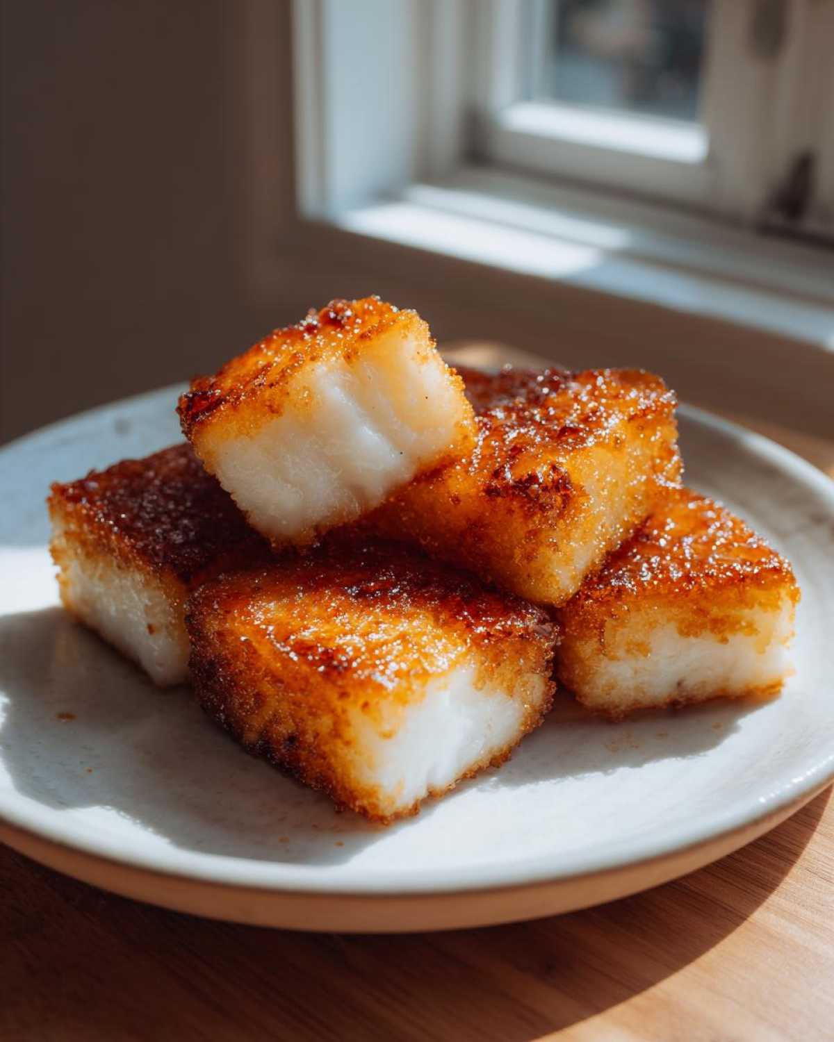 Close-up of several golden-brown, pan-fried Crispy Shanghai Butter Mochi pieces stacked on a white plate.