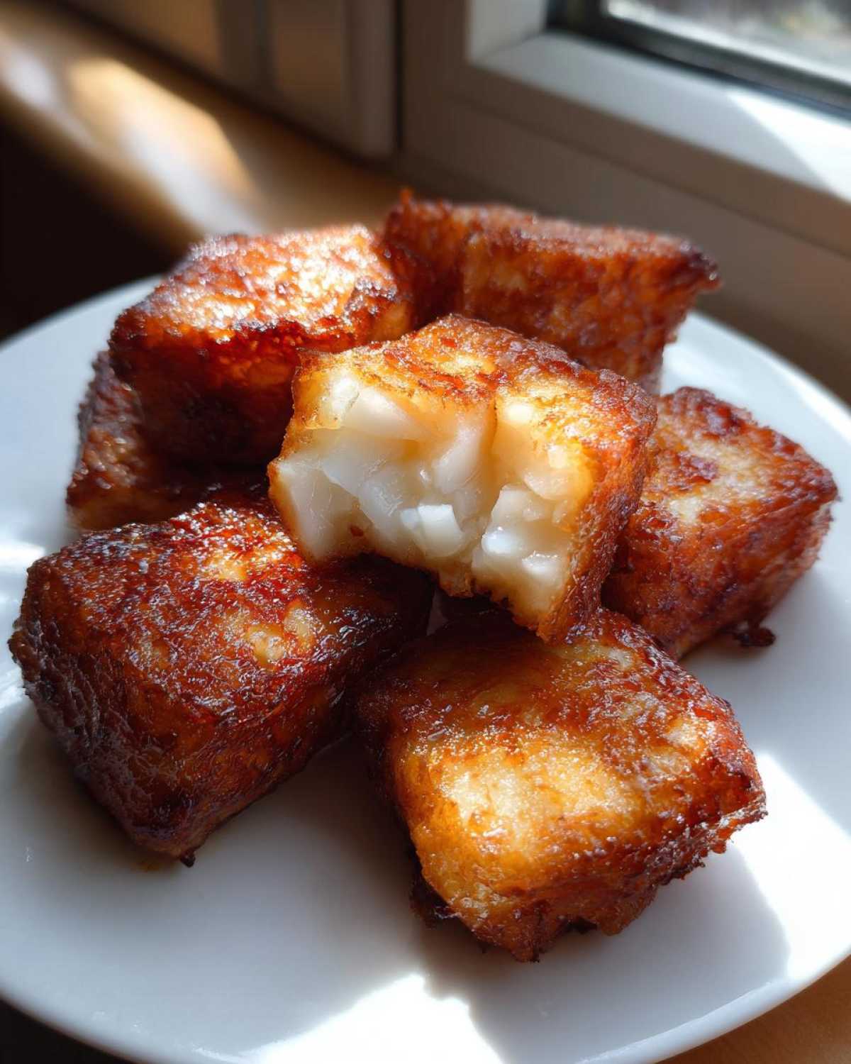 Close-up of golden brown, crispy Shanghai Butter Mochi bites piled on a white plate, one piece is broken open showing the chewy interior.