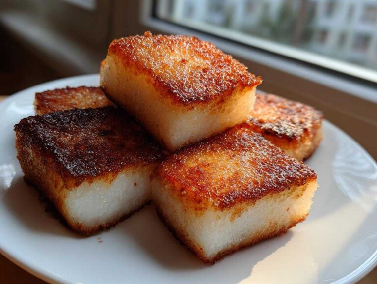 Four golden-brown, pan-fried squares of Crispy Shanghai Butter Mochi stacked on a white plate.