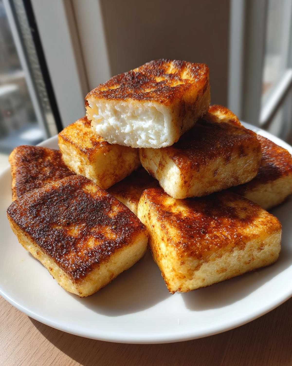 A stack of golden brown, pan-fried Crispy Shanghai Butter Mochi bites on a white plate, showing the chewy interior.