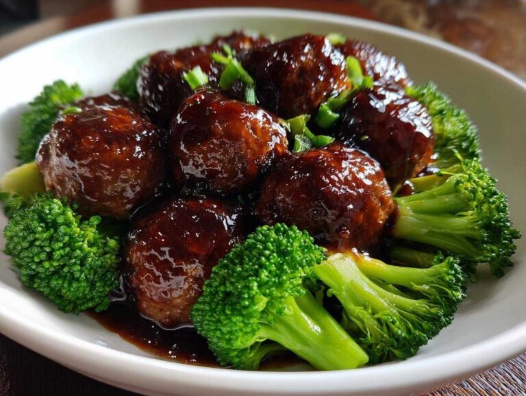 Close-up of glossy Crockpot Teriyaki Meatballs with Broccoli florets in a white bowl.