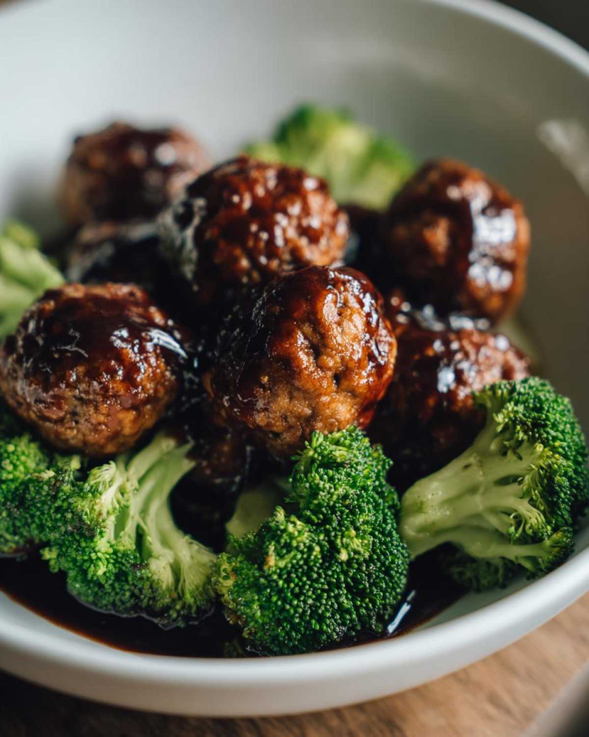Close-up of glossy Crockpot Teriyaki Meatballs with Broccoli florets in a white bowl.