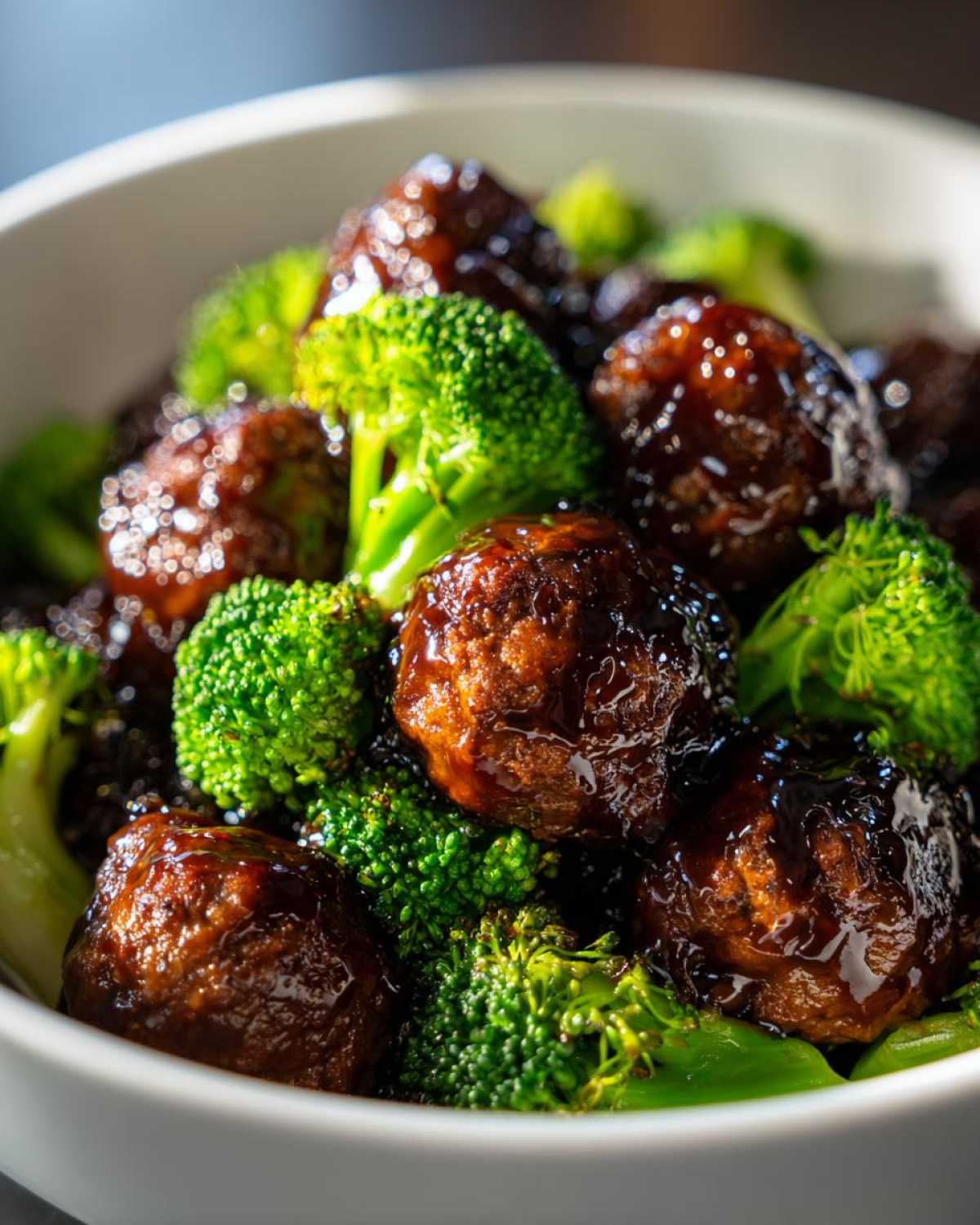 Close-up of glossy Crockpot Teriyaki Meatballs coated in sauce mixed with vibrant green broccoli florets in a white bowl.