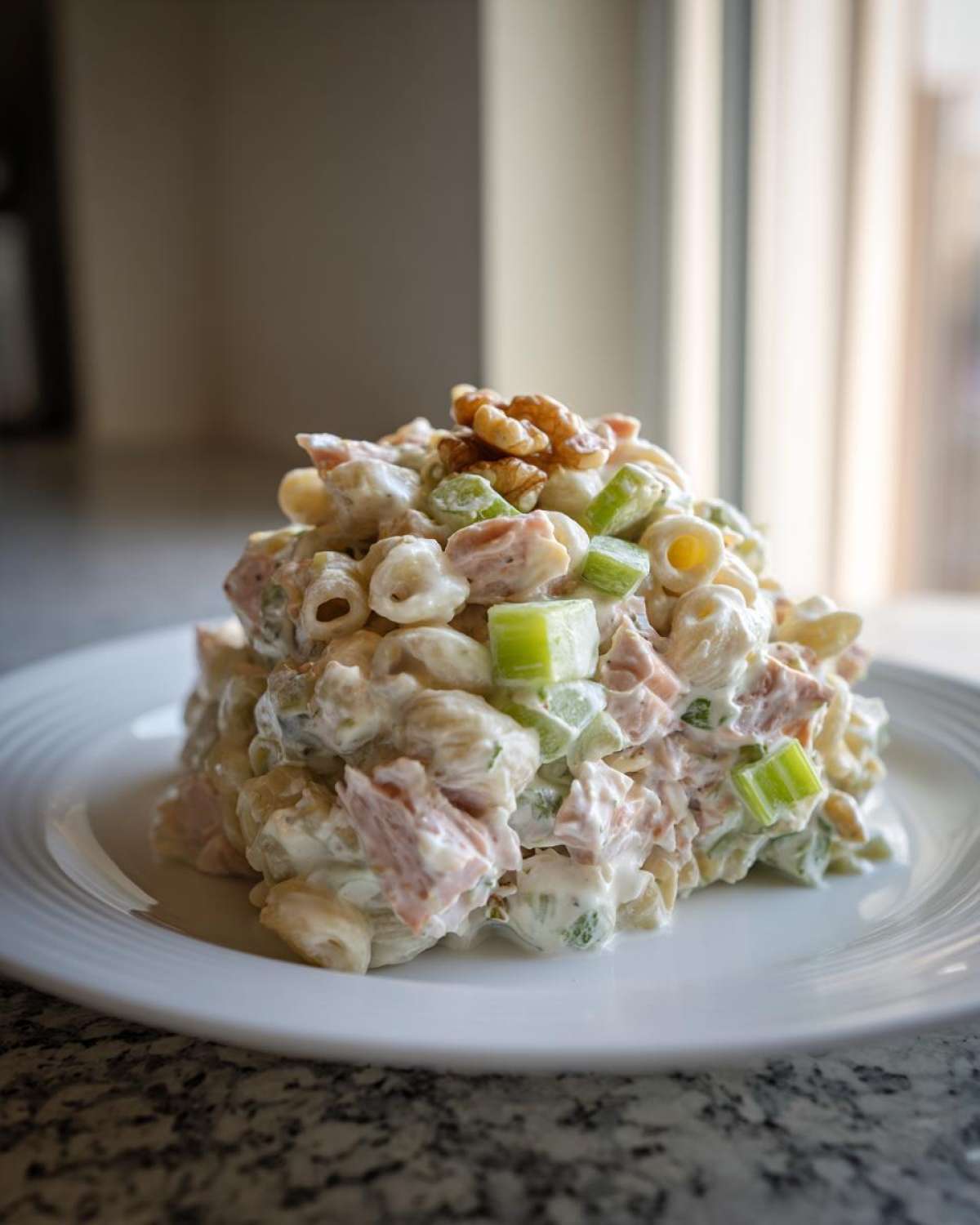 A mound of Crunchy Pasta Tuna Salad with Yogurt Dressing, mixed with ham, celery, and topped with walnuts, served on a white plate.