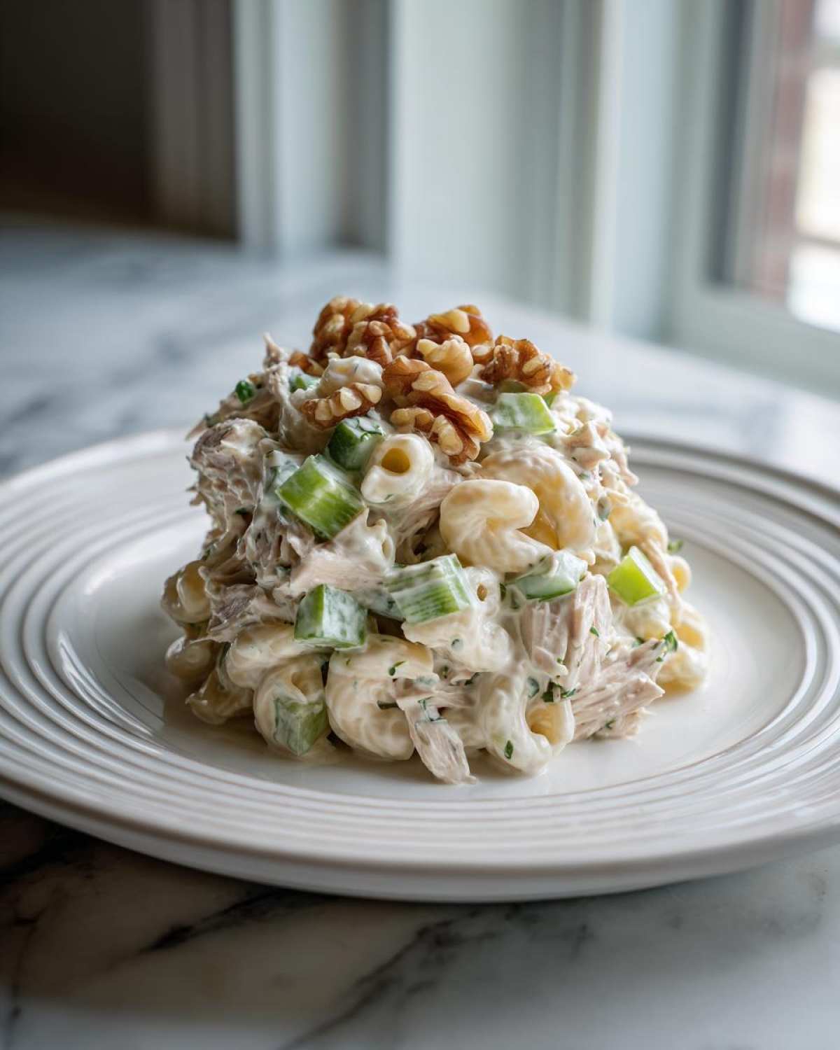 A mound of Crunchy Pasta Tuna Salad with Yogurt Dressing, featuring macaroni, tuna, celery, and topped with walnuts.