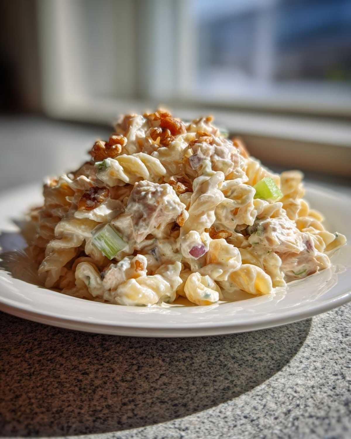 A mound of Crunchy Pasta Tuna Salad with Yogurt Dressing, topped with walnuts, served on a white plate.