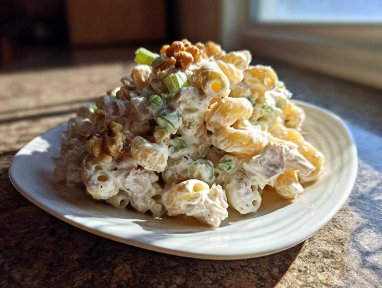 A mound of Crunchy Pasta Tuna Salad with Yogurt Dressing, featuring elbow macaroni, creamy sauce, celery, and walnuts, served on a white plate.