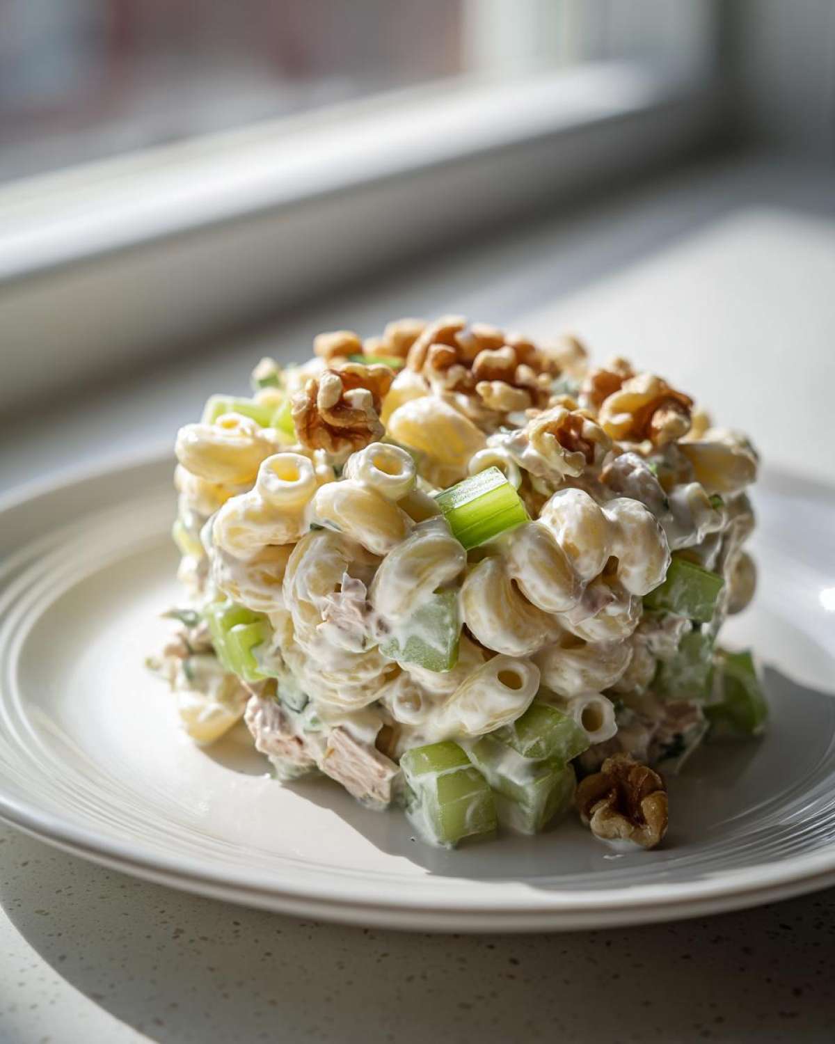 A molded serving of Crunchy Pasta Tuna Salad with yogurt dressing, celery chunks, and topped with walnuts.