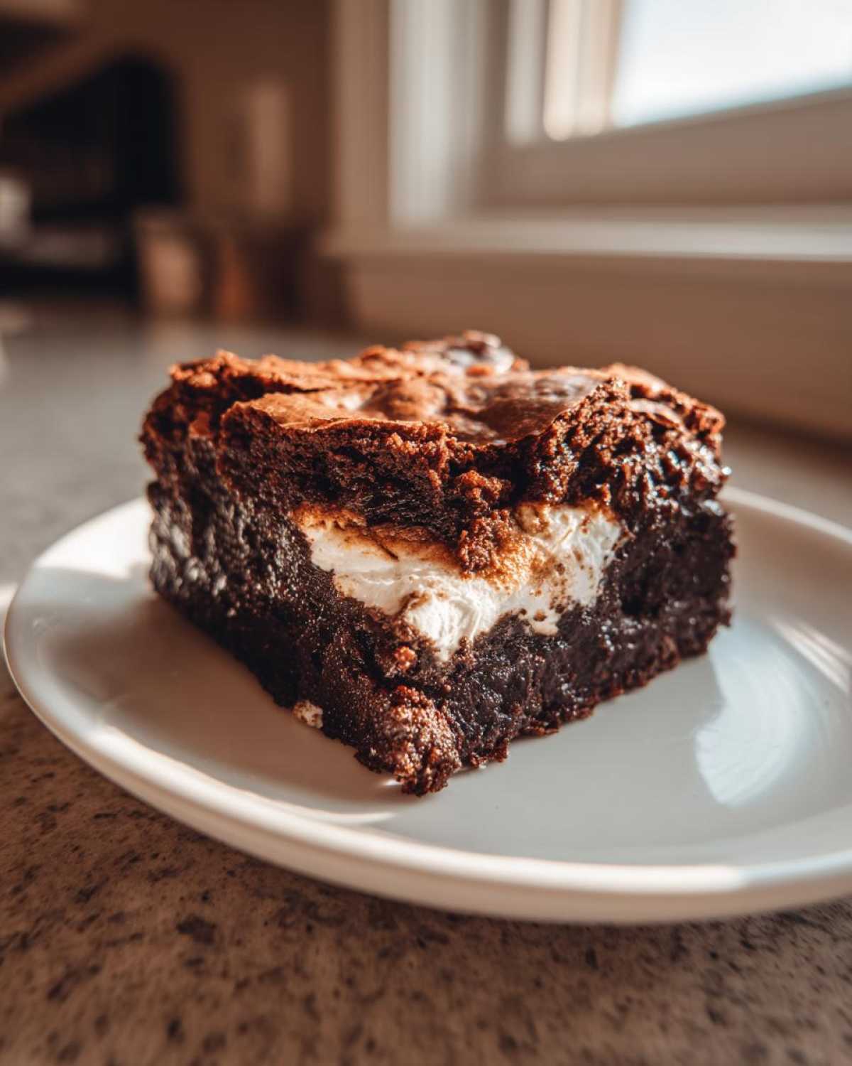 A close-up of a rich, fudgy Deviled Brownie with Marshmallow Filling showing the gooey white center on a white plate.