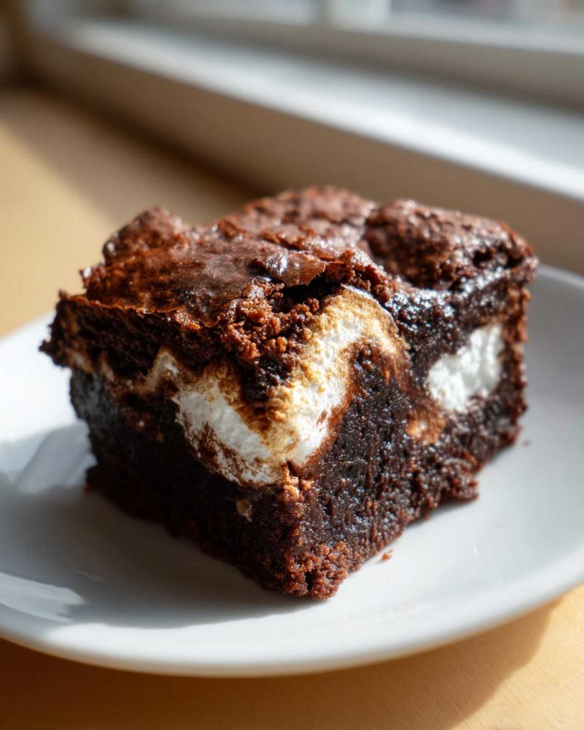 A rich, fudgy Deviled Brownie with Marshmallow Filling showing melted marshmallow pockets, served on a white plate.