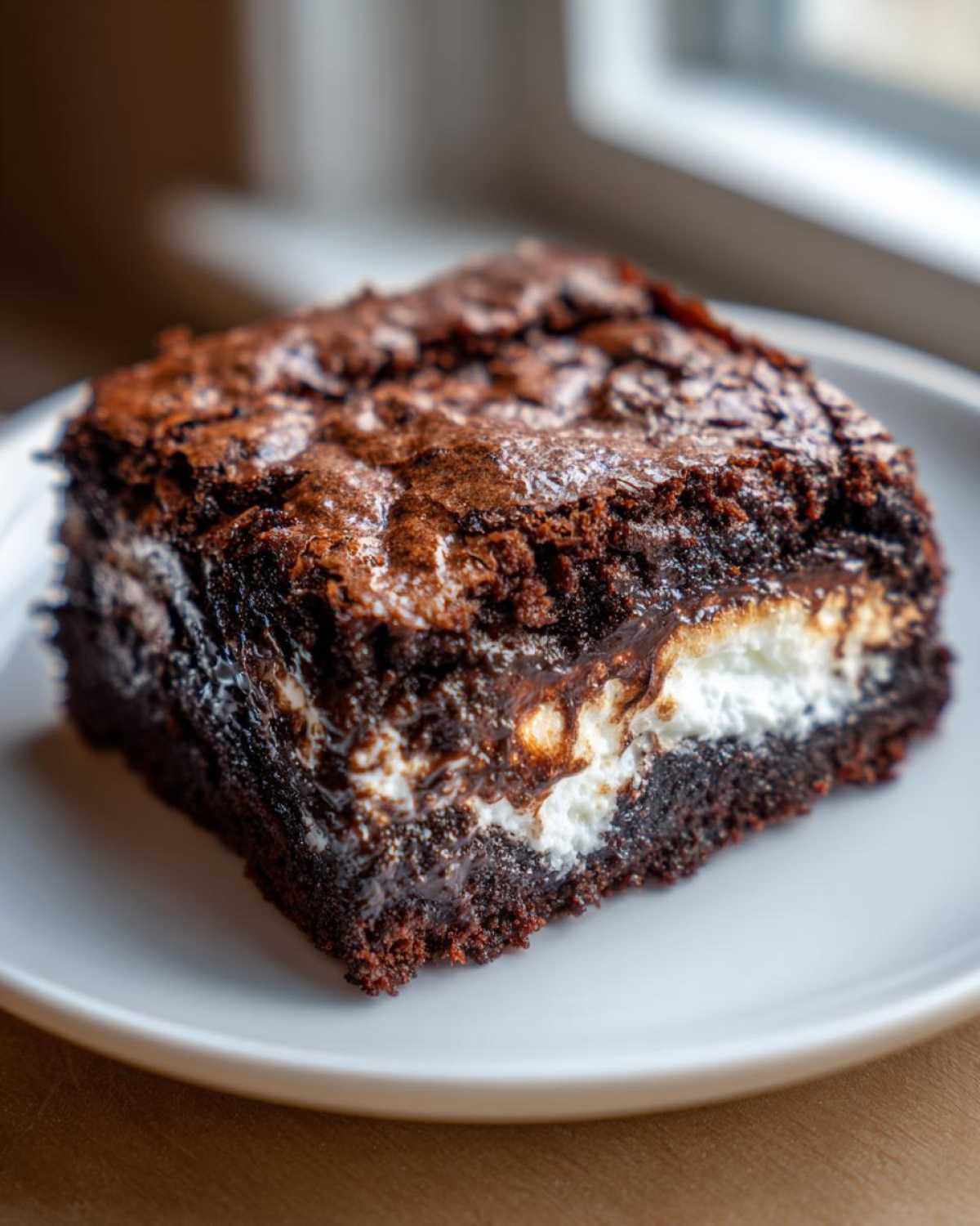 A close-up of a rich, fudgy Deviled Brownies with Marshmallow Filling slice on a white plate.