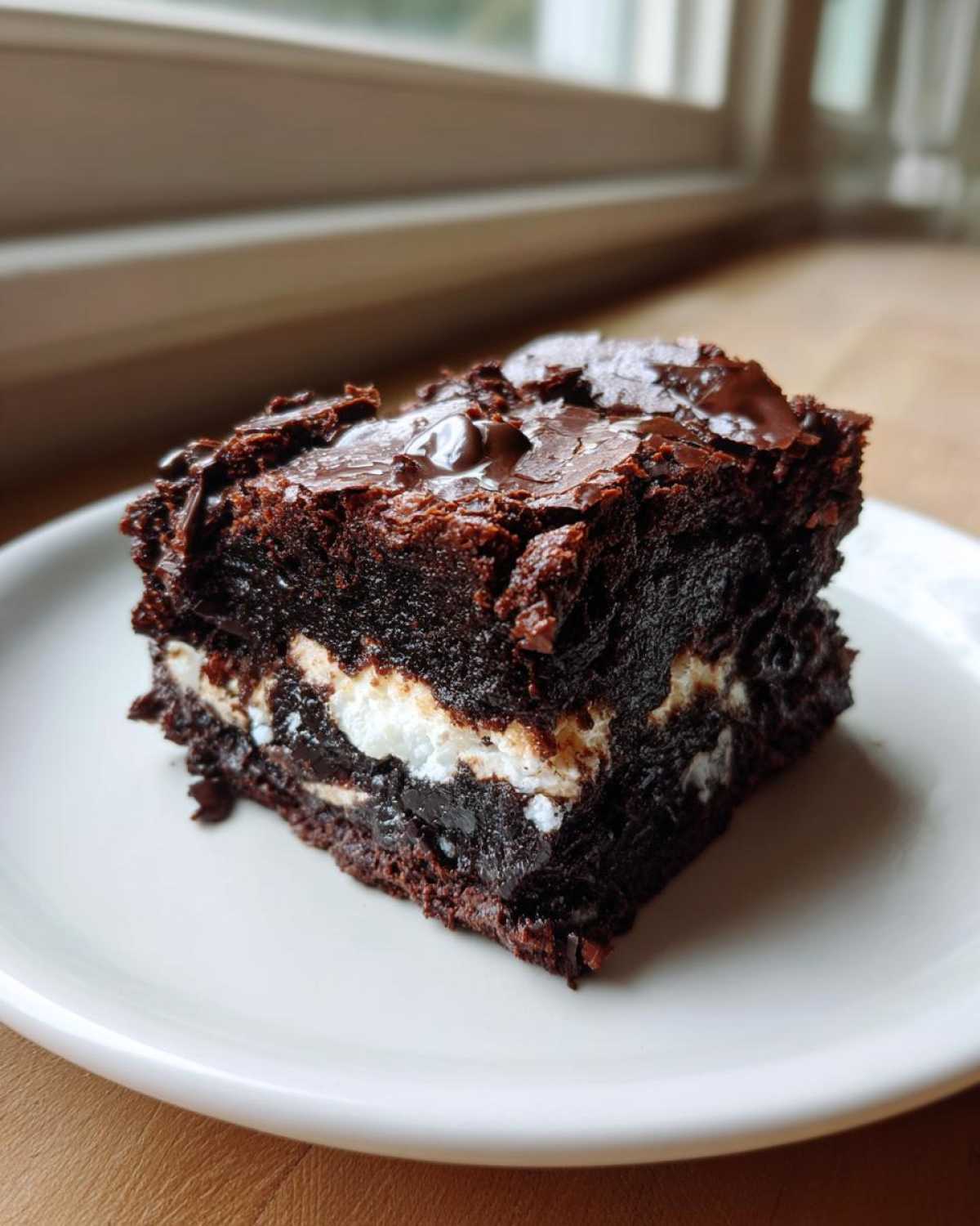 A rich, fudgy square of Deviled Brownies with Marshmallow Filling showing a gooey white marshmallow layer inside.
