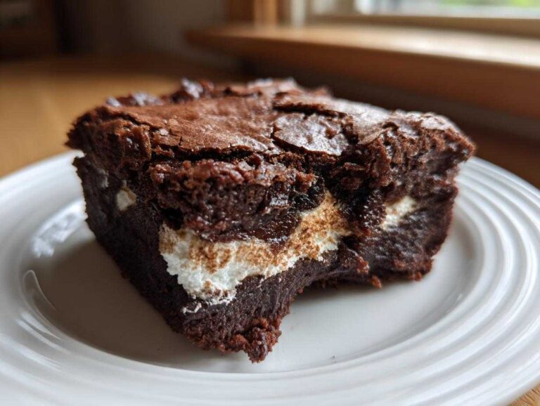 A rich, fudgy square of Deviled Brownies with Marshmallow Filling showing a gooey white center.