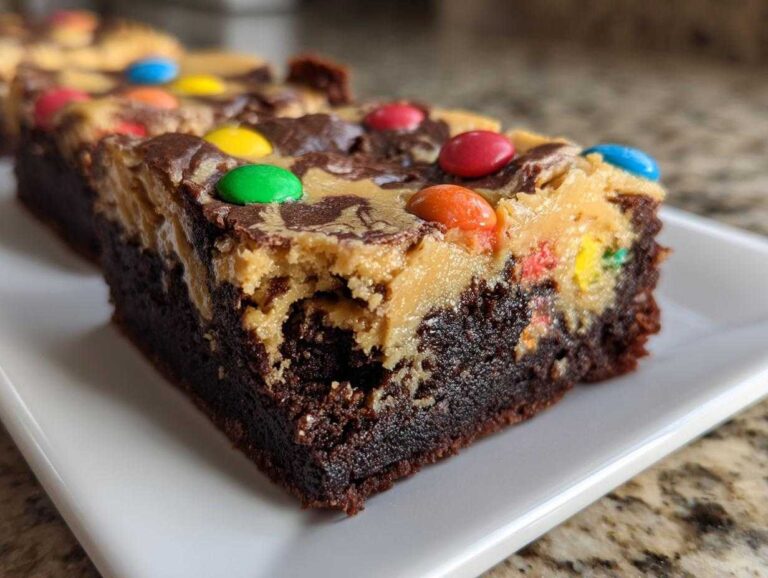 A close-up of a rich, fudgy Easter Egg Brownies with Peanut Butter layer, topped with colorful candy eggs.