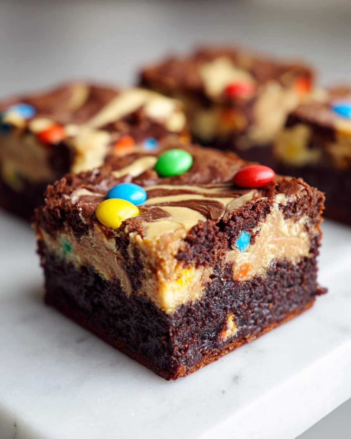 A decadent square of Easter Egg Brownies with Peanut Butter swirl, topped with colorful candy-coated chocolates.