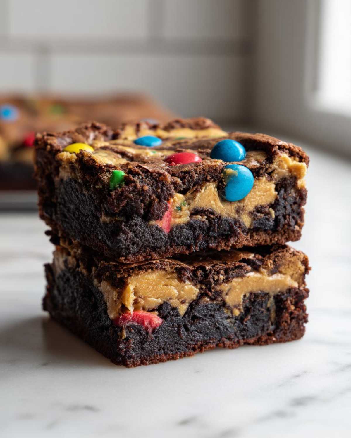 Two stacked, fudgy Easter Egg Brownies with Peanut Butter swirl and colorful candy pieces visible.
