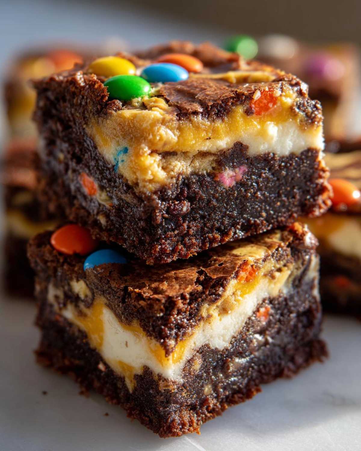 Two stacked squares of rich Easter Egg Brownies with Peanut Butter, showing a creamy white and yellow filling layer.