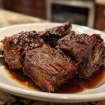 Close-up of tender, braised Filipino Beef Short Ribs Adobo pieces glistening in a rich, dark sauce on a white plate.